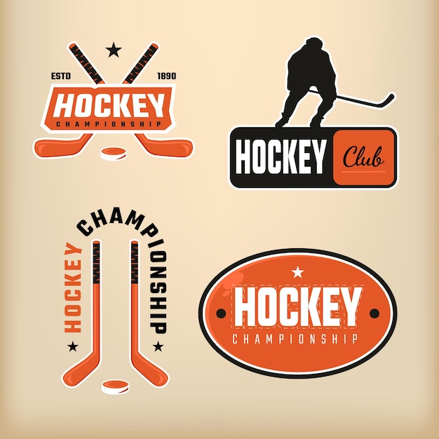 Winter sports vintage badges and retro emblems for hockey\
tournament and championship on light orange background