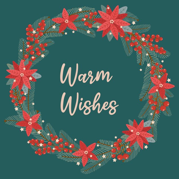 Winter square card on green background with floral wreath and Warm Wishes in flat vector style