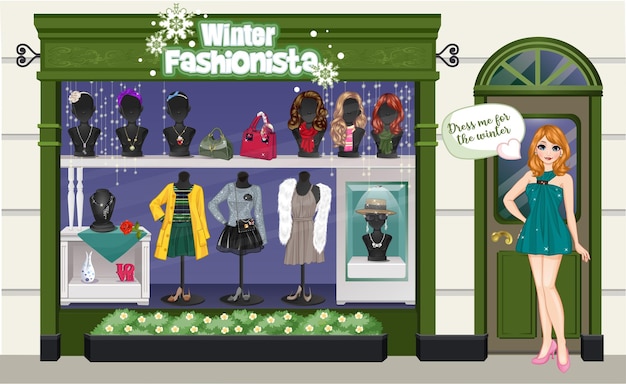 Vector winter store dress up cute doll