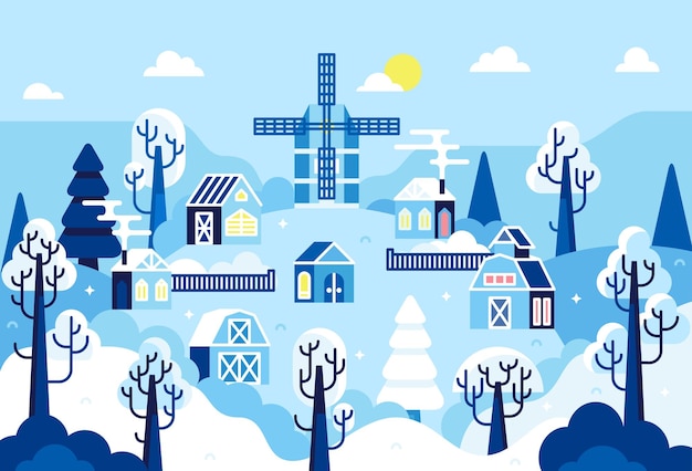 丘の上の工場と納屋のある冬の晴れた日の風景雪に覆われた村