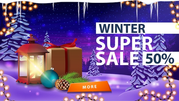 Super saldi invernali, bellissimo banner sconto con paesaggio invernale, lanterna vintage con regalo, ghirlanda e bottone