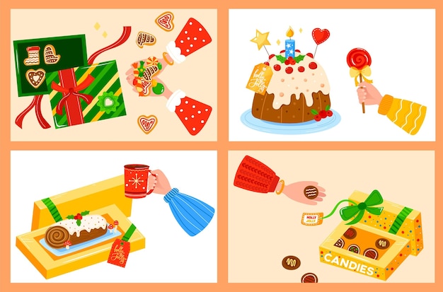 Winter sweet dessert hot food cozy cute gingerbread hand holds lollipop design in style cartoon