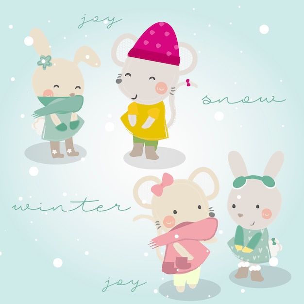 Vector winter themed  cute animals for kids