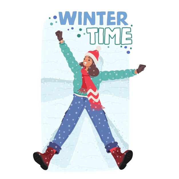 Vector winter time banner with rosycheeked girl joyfully creates snow angel her laughter echoing in the crisp air as delicate flakes fall around shaping a whimsical winter wonderland vector illustration