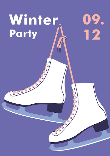 Vector winter time concept of vacation party and travel pair of white ice skates winter sports vector illus