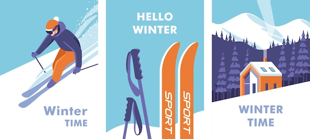 Vector winter time concept of vacation and travel skiing vector illustration