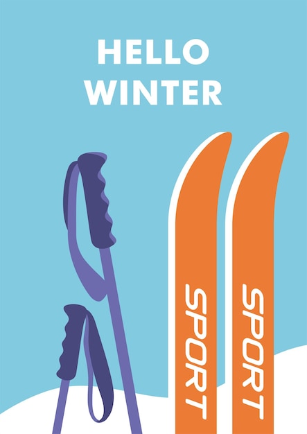 Winter time concept of vacation and travel skis and poles in the snow on snowy mountains background