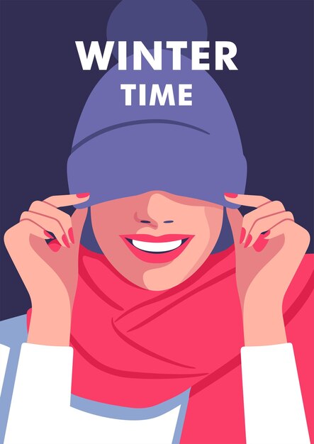 Vector winter time concept of vacation and travel woman hidden eyes by hat and laughs vector illustration