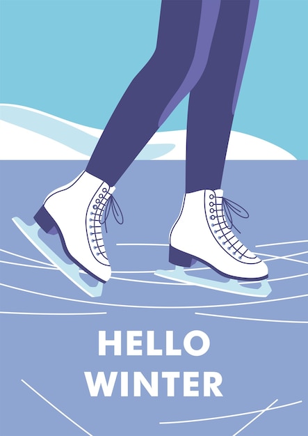 Winter time Concept of vacation and travel Woman skates on ice rink Vector illustration