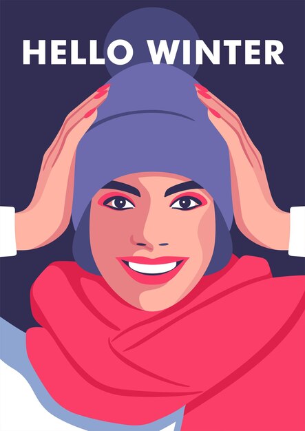 Vector winter time concept of vacation and travel young smiling woman in a purple hat vector illustration