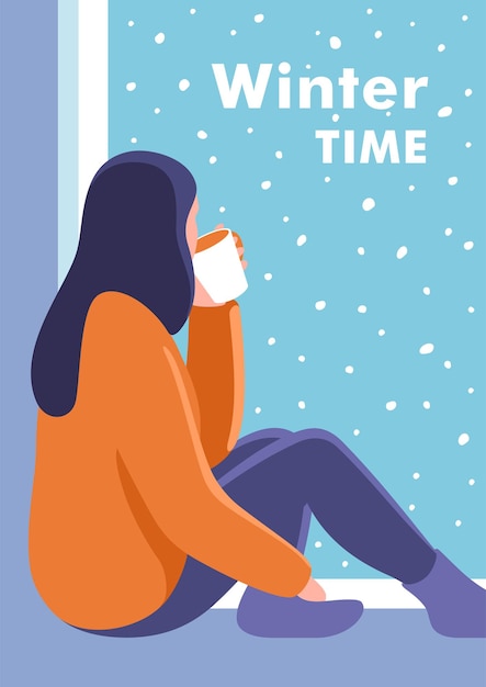 Winter time concept of vacation and travel young woman sitting on a windowsill vector illustration