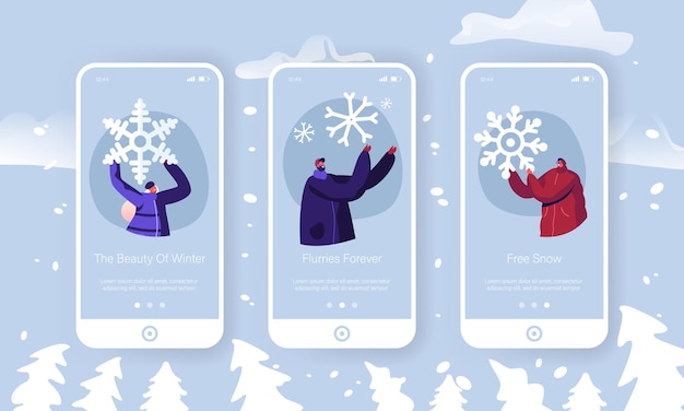 Vector winter time outdoors spare time mobile app page onboard screen set.