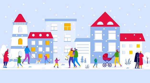 Winter town park, parents walk with children and have fun
outdoor. people make snowman in the forest. vector template for
invitation card, flyer design, postcard, holiday background