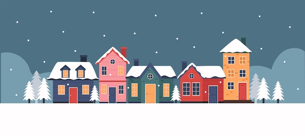 Vector winter town snowy neighborhood illustration