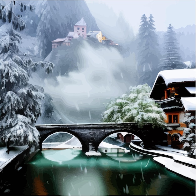 Vector winter town with bridge over river next to large pine forest against backdrop mountains fantasy