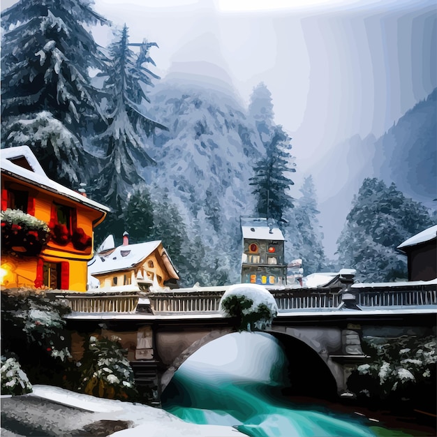 Vector winter town with bridge over river next to large pine forest against backdrop mountains fantasy