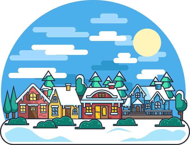 Winter in a town with flat design illustration