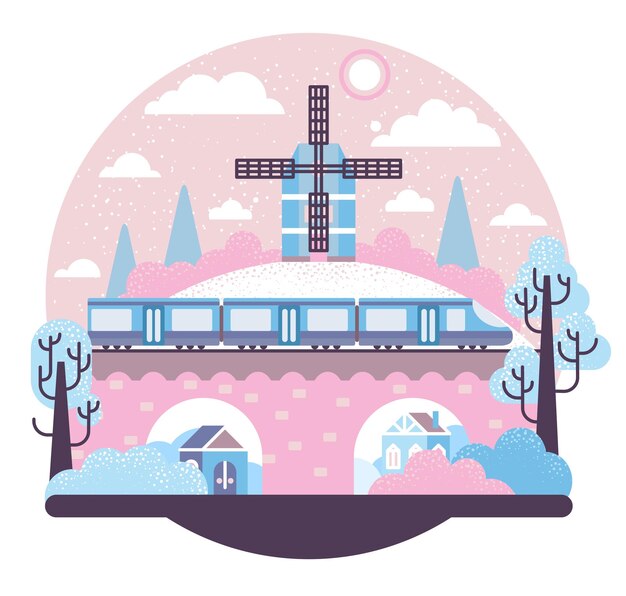 Вектор Зимний поезд путешествует векторной карикатурной иллюстрацией в плоском стиле