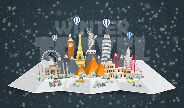 Vector winter travel to world. christmas holidays. road trip. big set of famous landmarks of the world. time to travel, tourism, summer holiday. different types of journey. flat   illustration