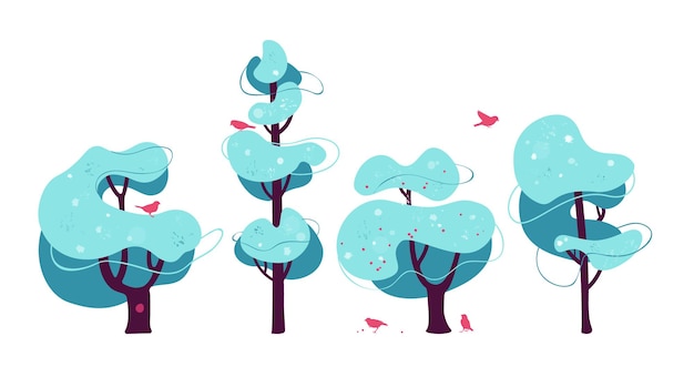 Vettore insieme dell'albero di inverno illustrazione stilizzata del legno innevato di vettore con gli uccelli