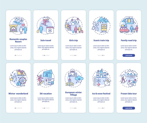 Winter vacation ideas and places onboarding mobile app page screen with concepts set