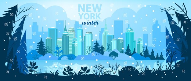 Winter vakantie stad Kerstmis achtergrond met wolkenkrabbers, pijnbomen silhouet, sneeuw, meer