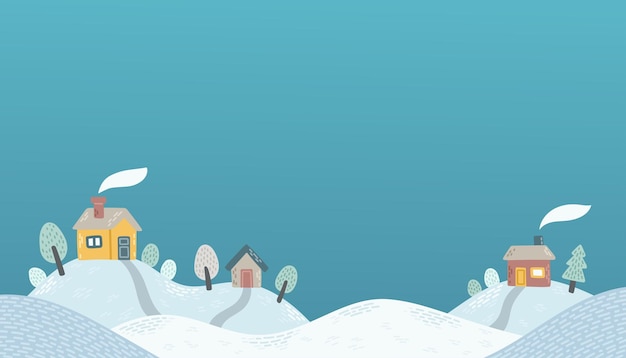 Winter vector background winter houses and trees simple blue flat design illustration