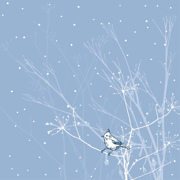 Winter vector background with one bird sitting on dry umbrella plants on snowy frosty day