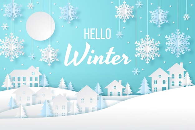 Winter vector background with paper cut style snowflakes