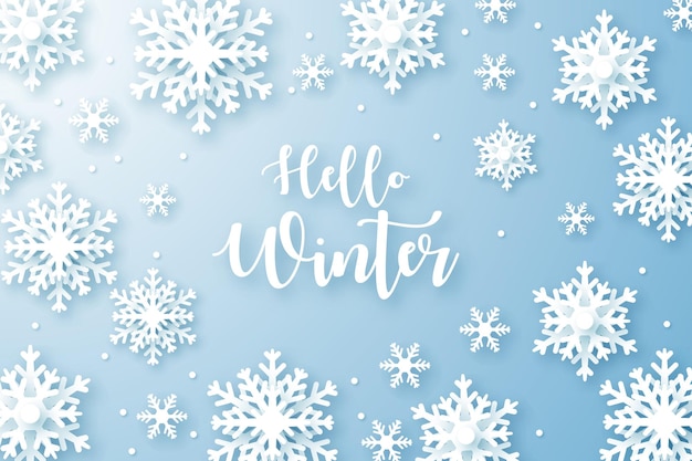 Vector winter vector background with paper cut style snowflakes