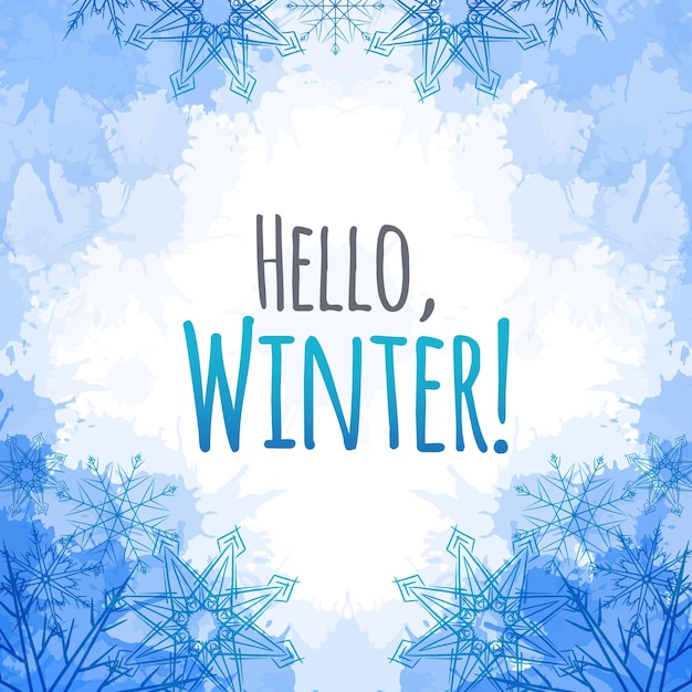 Vettore copertina vettoriale invernale con fiocchi di neve scarabocchiati e macchie blu per te