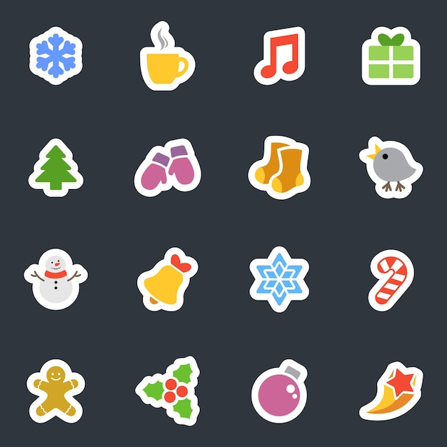 Winter vector flat style stickers icon set on dark