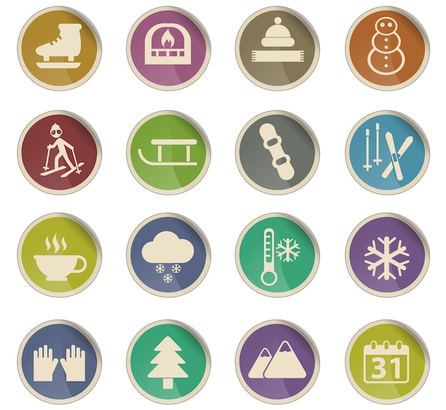 Winter vector icons in the form of round paper labels