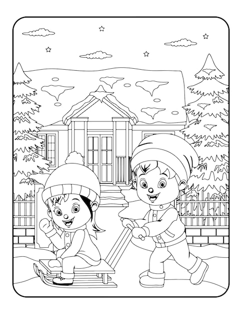 Winter vector illustration template in black and white for kids, background, pattern, coloring book
