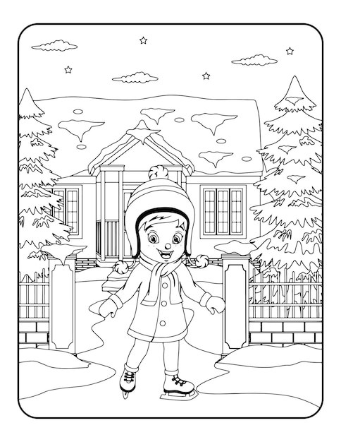 Winter vector illustration template in black and white for kids, background, pattern, coloring book