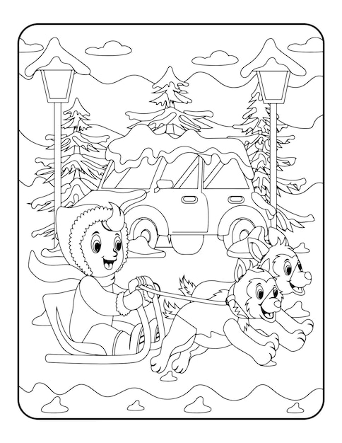 Winter vector illustration template in black and white for kids, background, pattern, coloring book