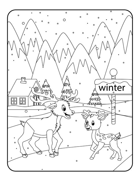 Winter vector illustration template in black and white for kids, background, pattern, coloring book