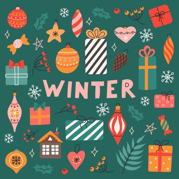 Winter vector set of christmas tree toys plants and berries on green background in flat style