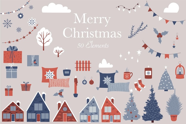 Winter vector set objects for greeting card on new year