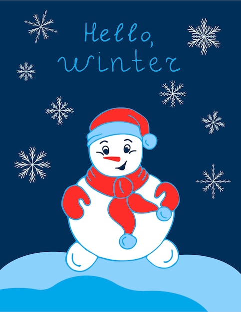 Winter vectorgat met een sneeuwpop op een blauwe achtergrond met sneeuwvlokken in de doodle-stijl