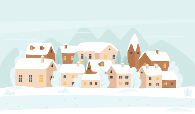 Vettore villaggio invernale all'illustrazione del paesaggio del fumetto di tempo di natale