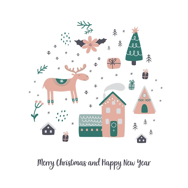 Winter village landscape poster Magical Christmas cute houses Christmas tree reindeer gifts Christmas city in cartoon childish style Vector illustration of outdoor nature city house tree