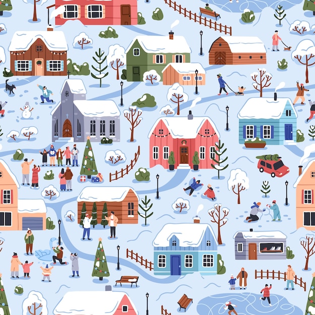 Vector winter village in snow, seamless pattern. christmas town in nature, repeating landscape print with cute houses and people. endless background design, outdoor funs. flat vector illustration for textile