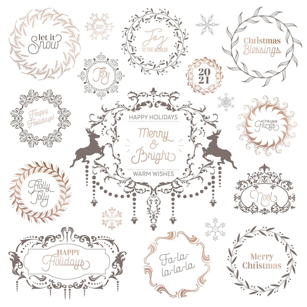 Winter vintage wreath, christmas calligraphic typography, new year labels, badges design elements, holiday decoration, swirls, frames for invitation, xmas card greetings. vector illustration set