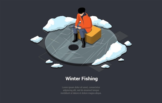 Winter vissen persoonlijke hobby concept visser op meer vissen door een gat karakter ontspannen buitenshuis met staaf man met spinnen op vissen stoel isometrische 3d cartoon vectorillustratie