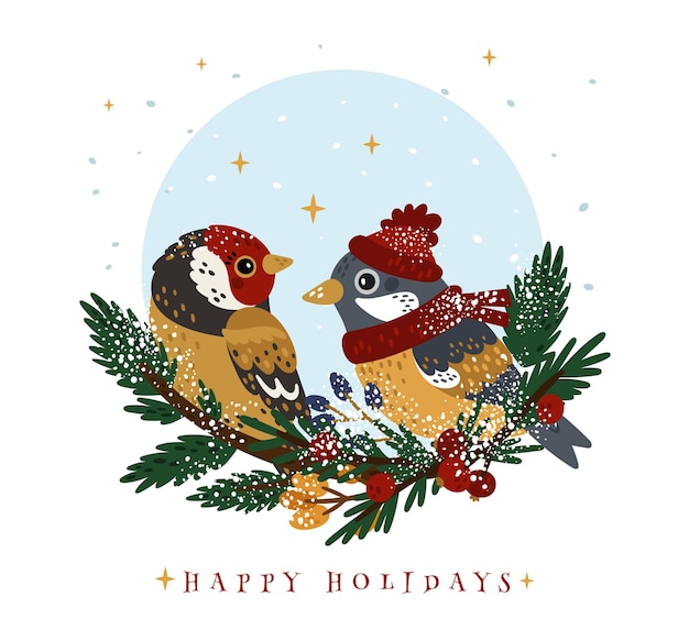 Winter vogels wenskaart kleine snowie dieren zitten op kerstboom tak Mees en distelvink in naaldboom tak december prettige vakantie briefkaart koude seizoen natuur Vector Xmas poster