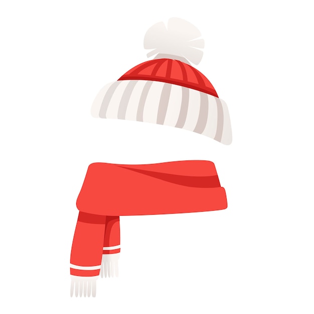 겨울 따뜻한 세트 스카프와 모자 평면 벡터 일러스트 레이 션 흰색 바탕에.