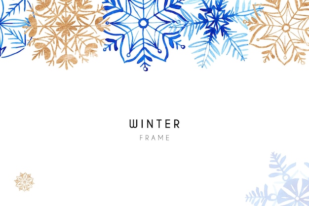 Vector winter watercolor background with blue and golden snowflakes on white