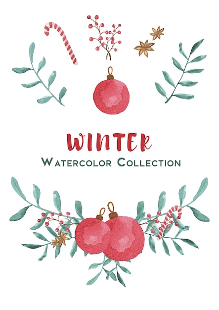 Winter watercolor collection with leaves and baubles