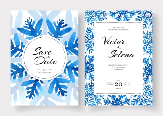 Winter wedding cards design set with watercolor snowflakes Save the date invitation set Hand painted